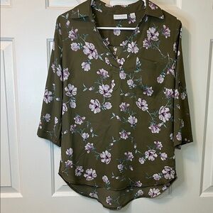 New York & Company Green Floral 3/4 Sleeve V Neck Blouse Size XS